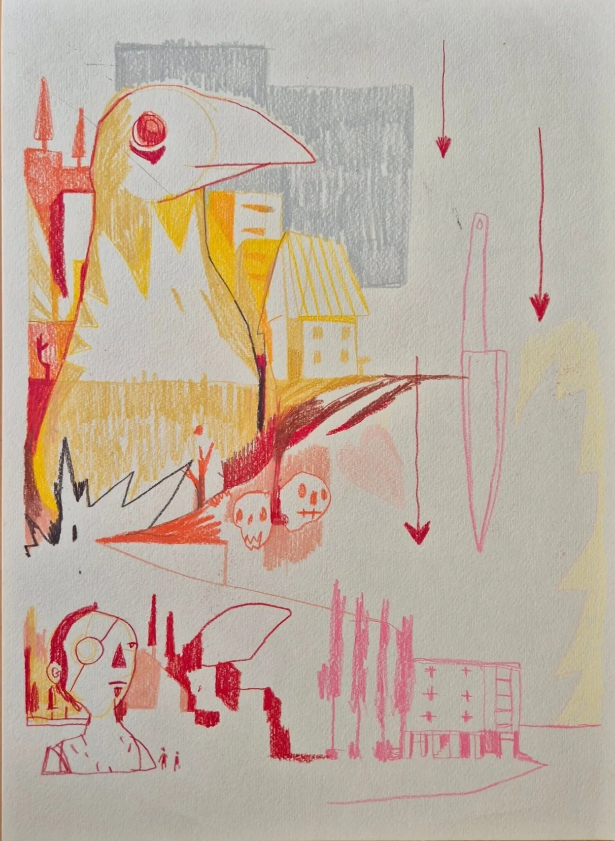 Colored pencil drawing of a large yellow bird with a red eye over a house, two skulls, a pink knife, red arrows, a robotic bu