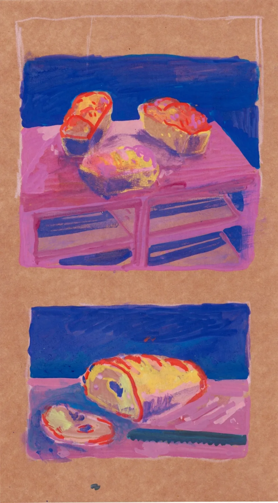 Two panels: three loaves on a pink table against deep blue, and below, a sliced loaf with a slice and a serrated knife.