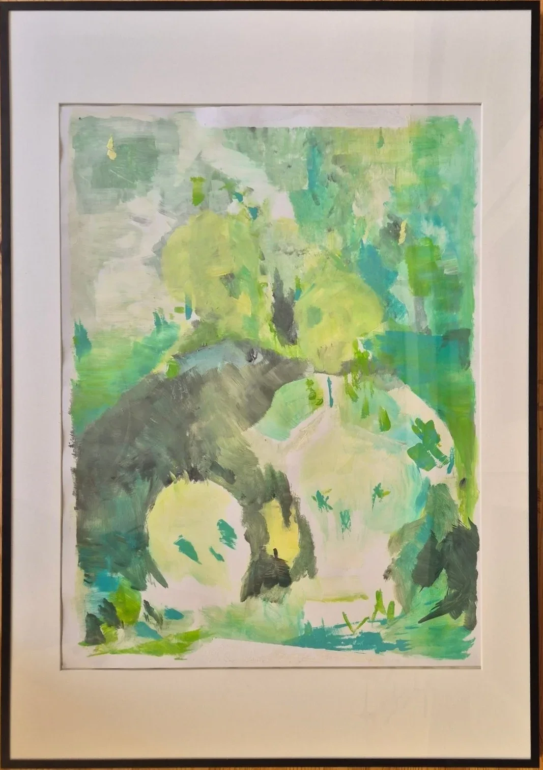 Abstract gouache painting in greens and yellow-greens: a dark gray-green animal-like shape arches over pale round forms.