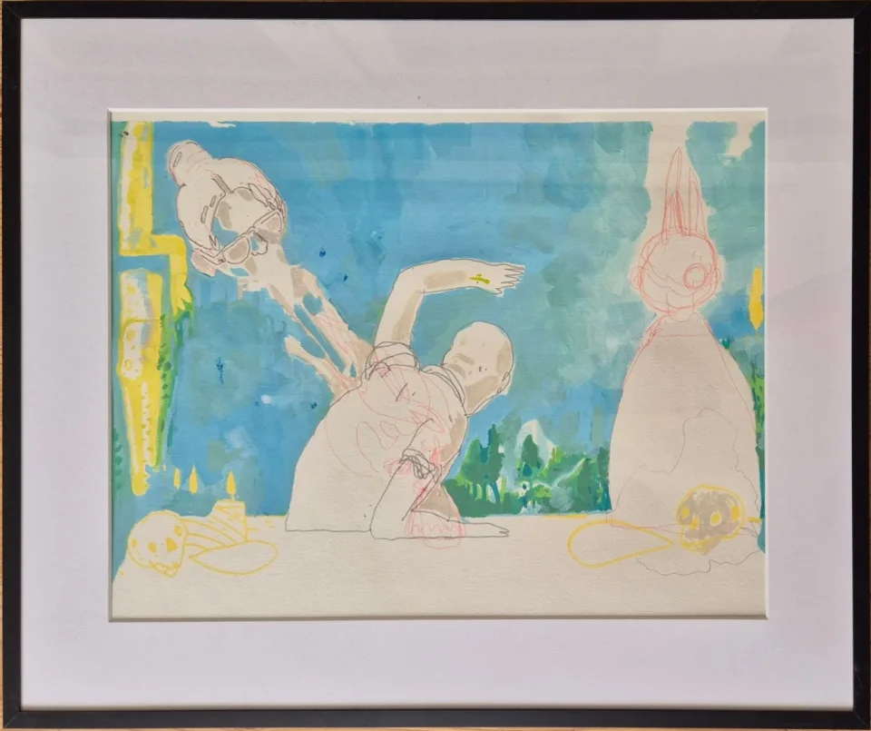 Pale outlined figures against a blue-green sky: one with sunglasses floating, one leaning back, a rabbit-eared one, and yello