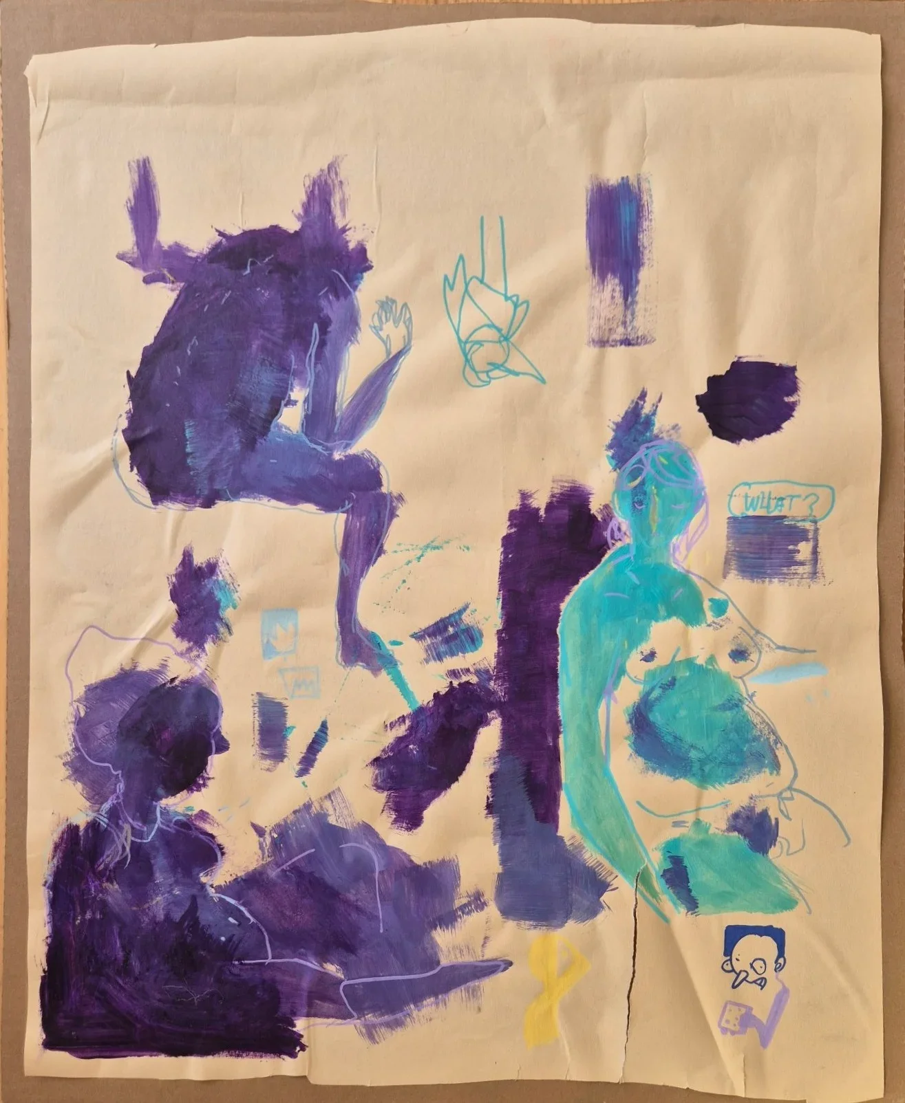 Purple and teal painted figures on beige paper: a hunched horned creature, a seated figure, a teal nude, and a small blue fac