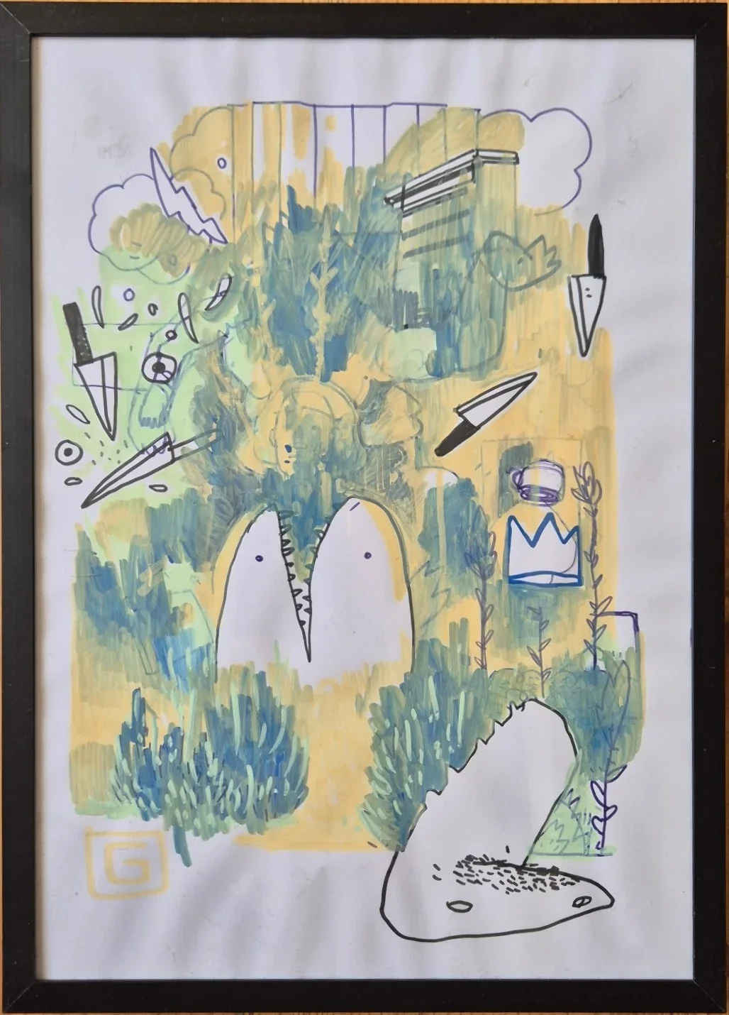 Green and yellow marker landscape with two white ghost-like shapes, bushes, floating knives, a crown, a cup and a white mound