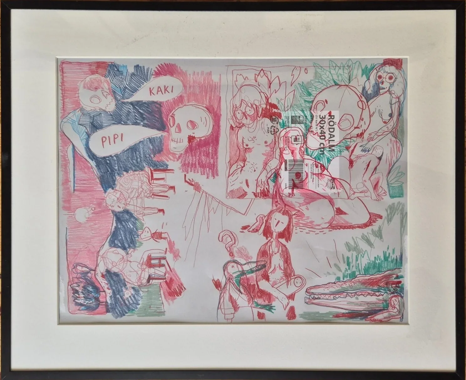 Colored pencil drawing in red, blue and green: skull-headed figures, speech bubbles reading PIPI and KAKI, nudes, a crocodile