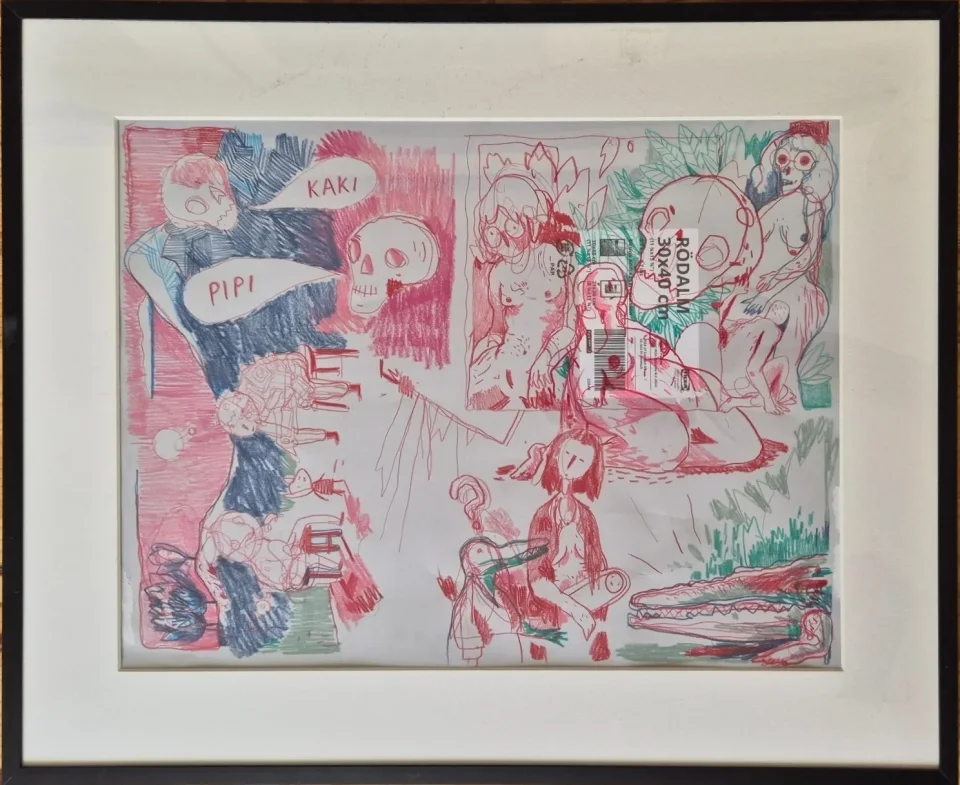 Colored pencil drawing in red, blue and green: skull-headed figures, speech bubbles reading PIPI and KAKI, nudes, a crocodile