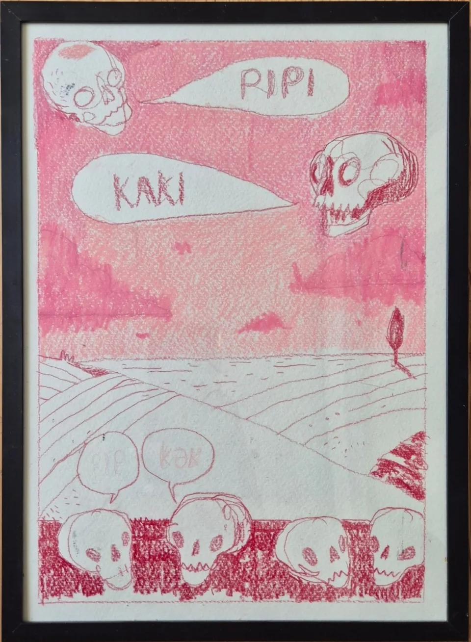Pink and red crayon drawing: two skulls in a pink sky say "PIPI" and "KAKI" above rolling fields; four skulls sit in red gras