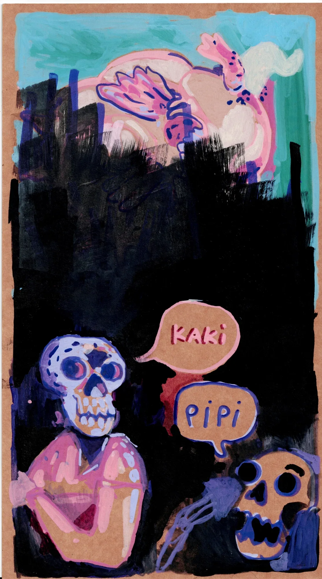 Two skull-headed figures in a black void speak in bubbles reading "KAKI" and "PIPI"; a pink creature floats above.