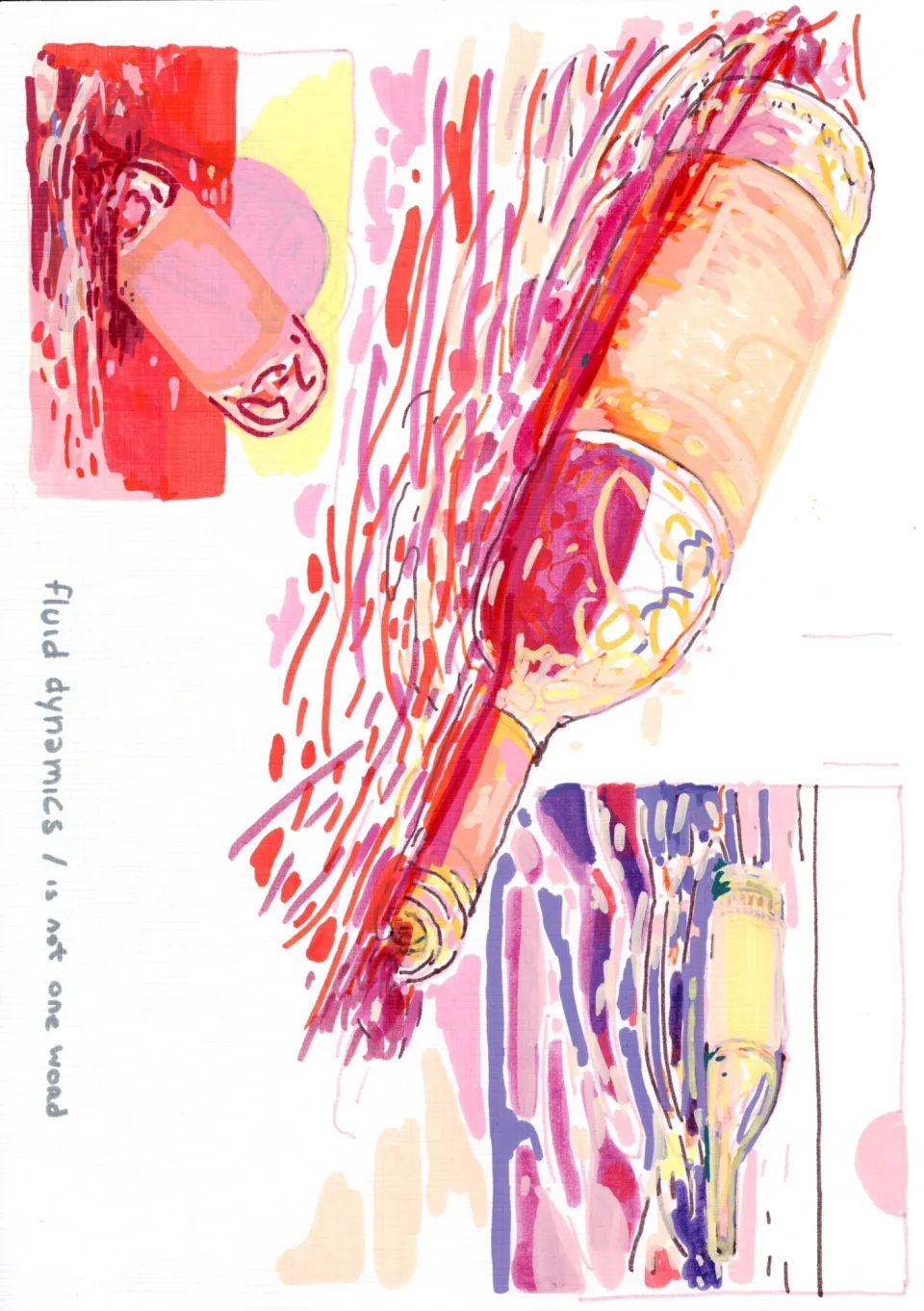 Tilted bottle in pink, red and orange marker strokes, with two smaller framed bottle studies and handwritten text 'fluid dyna