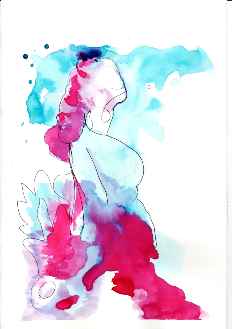 Abstract ink and wash figure in profile, outlined in thin black line, with turquoise and magenta washes and blue splatters.