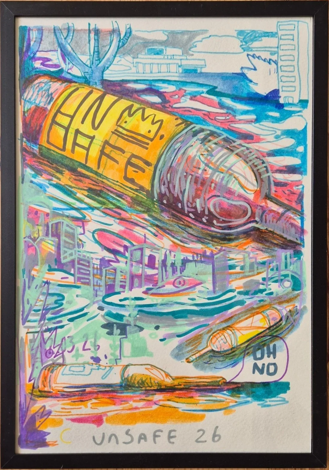 Marker drawing of a giant bottle labeled UNSAFE floating in colorful water before a city skyline, with two small bottles and