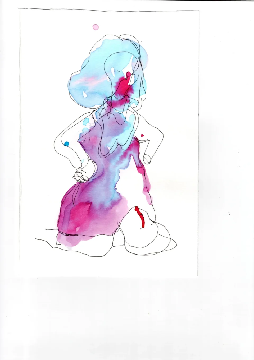 Ink drawing of a kneeling figure seen from behind, hand on hip, in blue and magenta washes with a red mark near the thigh.