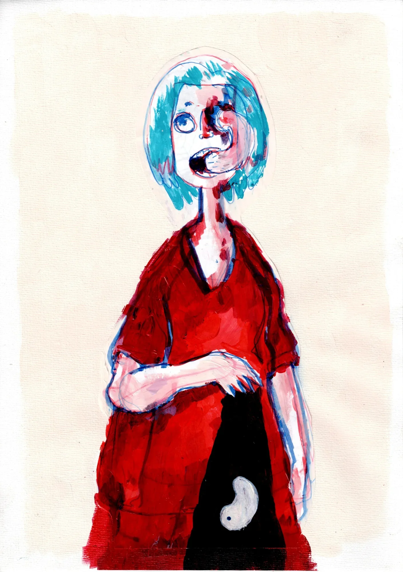 Painted figure with teal bob hair and an open mouth looks upward, wearing a red dress with a black panel and a white bean sha