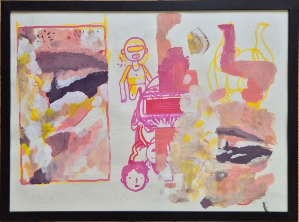 Framed gouache painting: a left panel of pink, plum, white and yellow brushstrokes, small pink line figures in the center, an