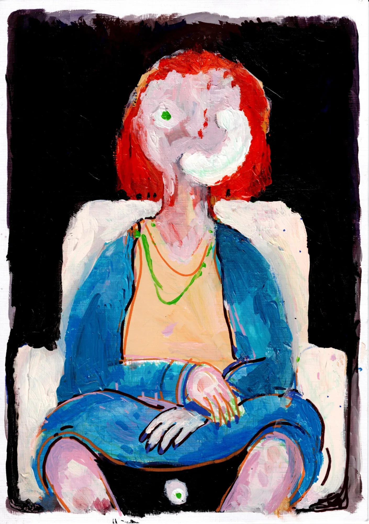 Painting of a seated red-haired figure with a pale distorted face and one green eye, in a blue jacket and green necklace, on