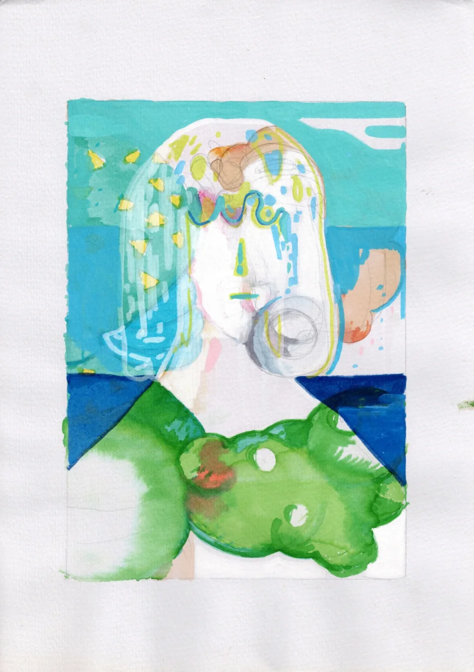 Abstract painted figure with pale face, blue-green hair with yellow triangles, a ring at the mouth, above a green blob on blu