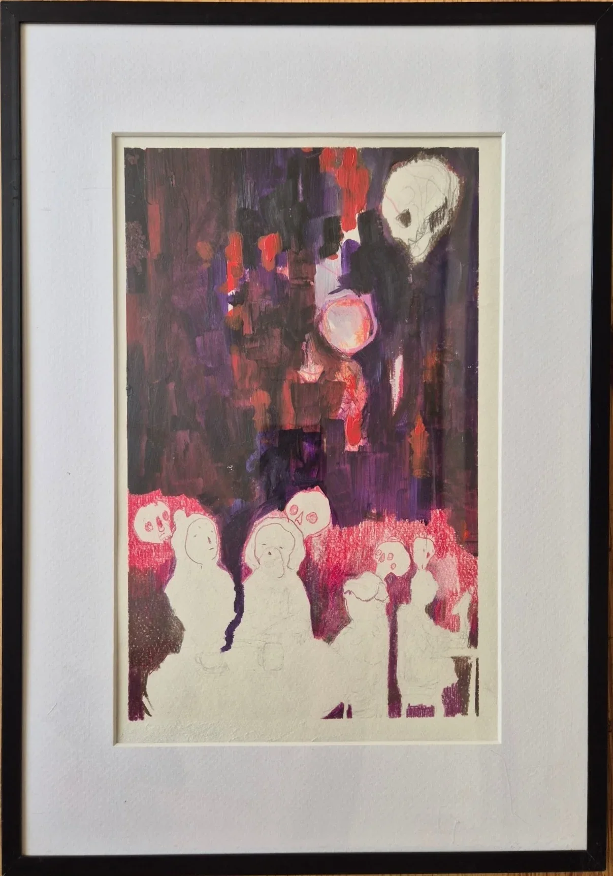 Pale, unfinished figures sit around a table against red pencil hatching, under a dark purple painted sky with a skull and a g