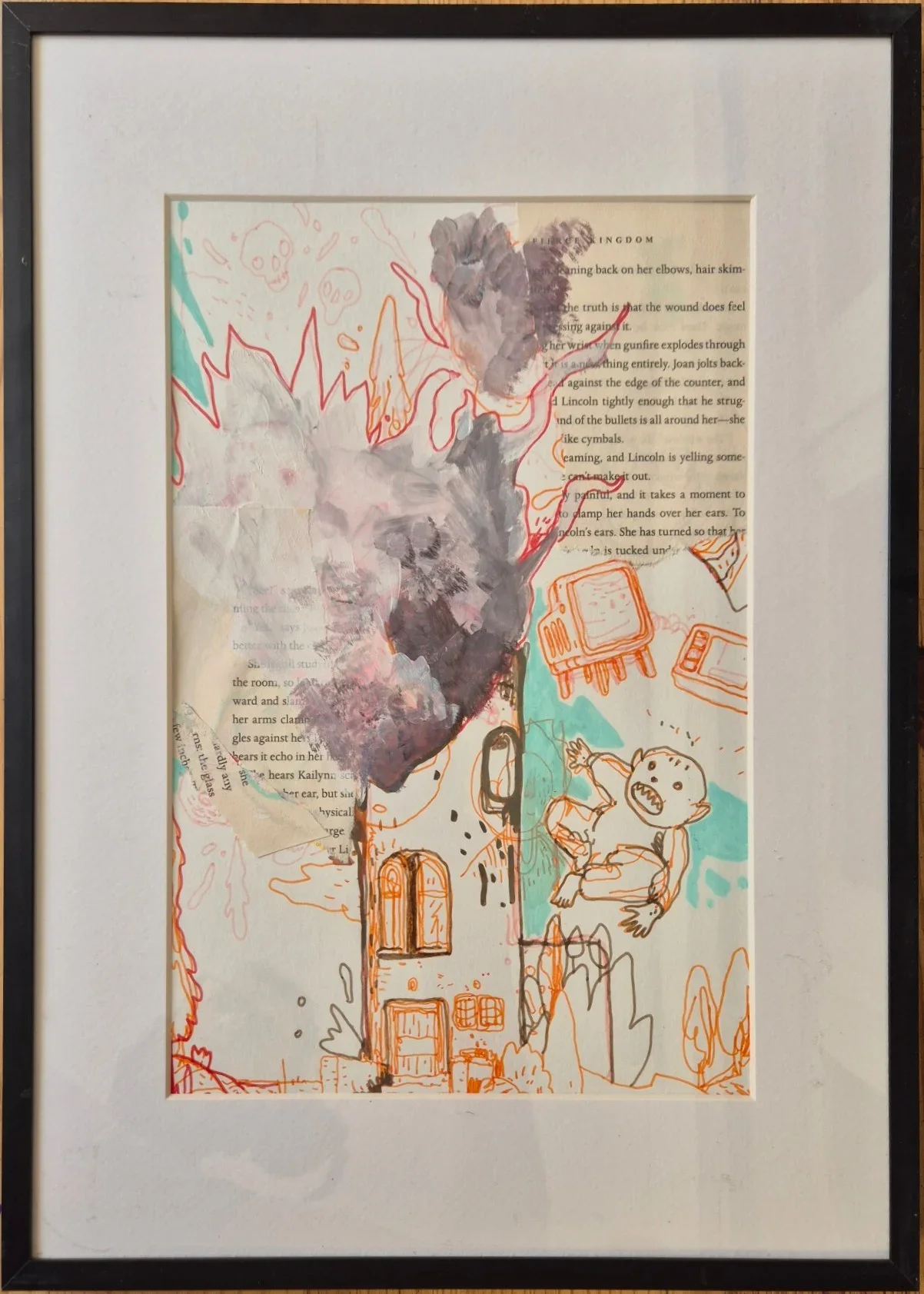 Orange-ink drawing of a burning tower with a screaming figure and floating TVs, over a book page, with gray paint smoke.