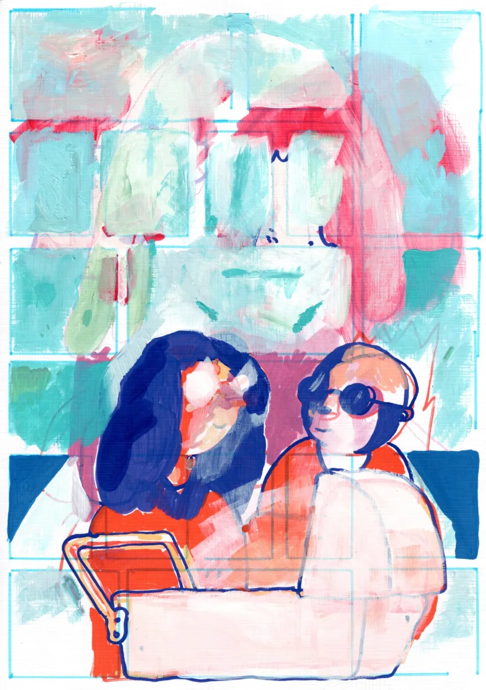 Painted couple in red tops, a long-haired figure leaning toward a bald figure in sunglasses, with a pale pram in front, on a