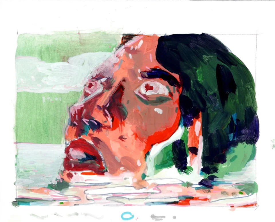 Gouache painting of a woman's face tilted back at the water's surface, mouth open; below, a red-haired head in green.