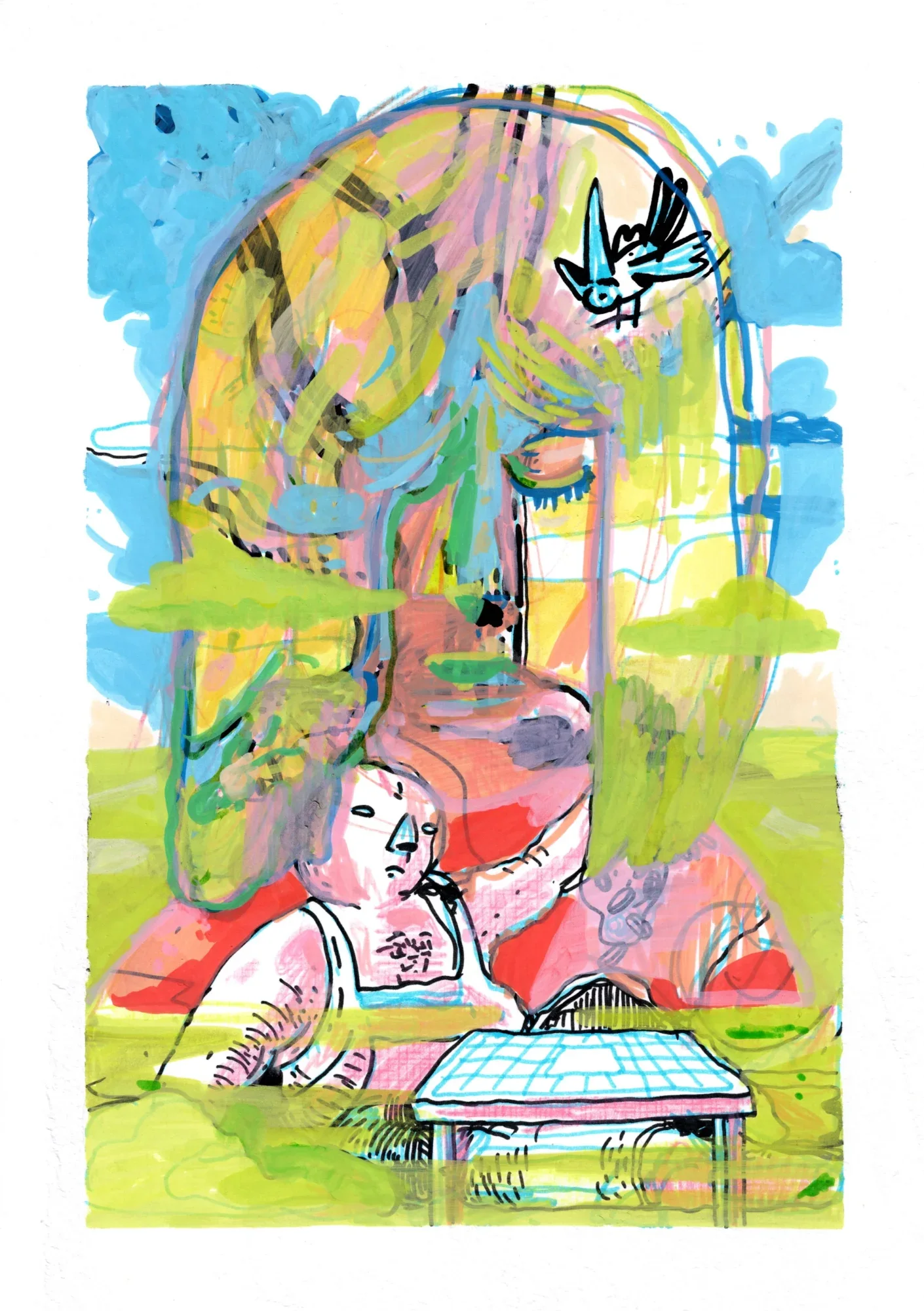 Colorful painting of a giant sleeping face with long hair over a green landscape; a small figure sits at a table, a bird abov