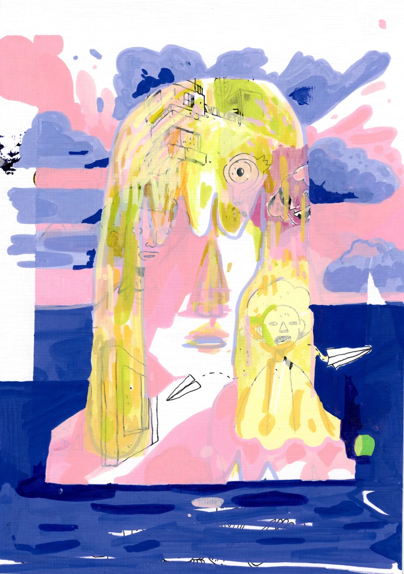 Abstract painting of a tall yellow-green arched figure with faces, on pink and blue ground, paper planes and a dark sea.