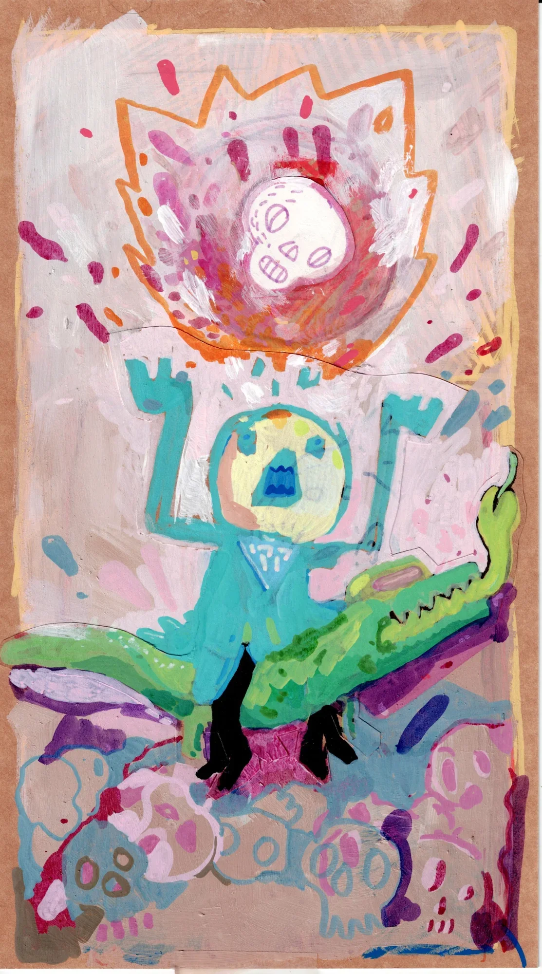 A teal figure with a yellow face and raised arms sits on a green crocodile beneath a flaming skull, above a pile of pastel sk