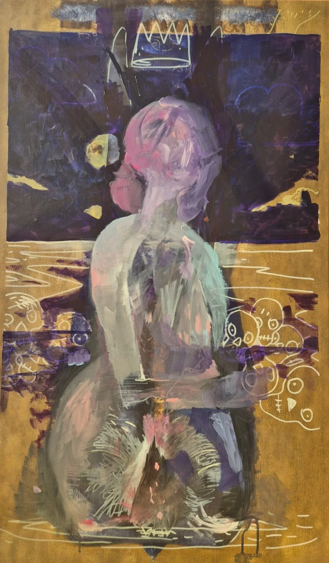 Painting of a pale nude figure seen from behind, with a purple-pink head, against a dark purple sky and golden water with whi