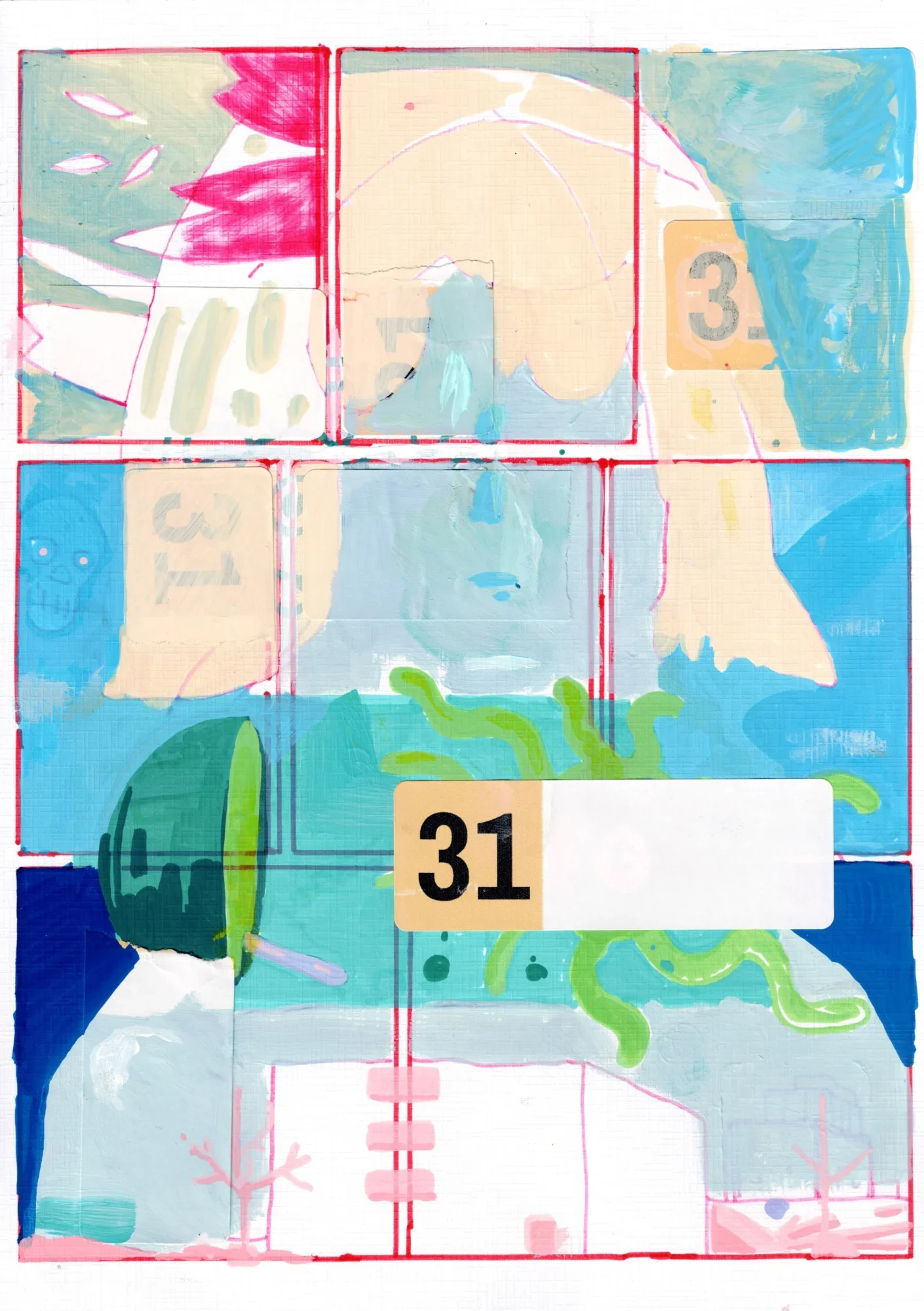 Comic-style grid of pastel panels in blue, peach and pink, with a green-helmeted figure, green tentacles and a large "31" lab