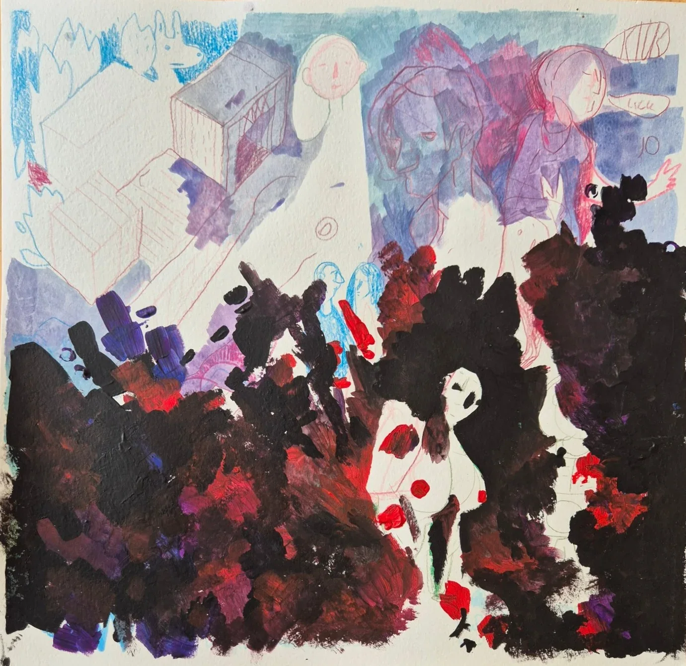 Mass of black, purple and red paint over pale colored-pencil figures and a boxy structure in blue and violet washes.