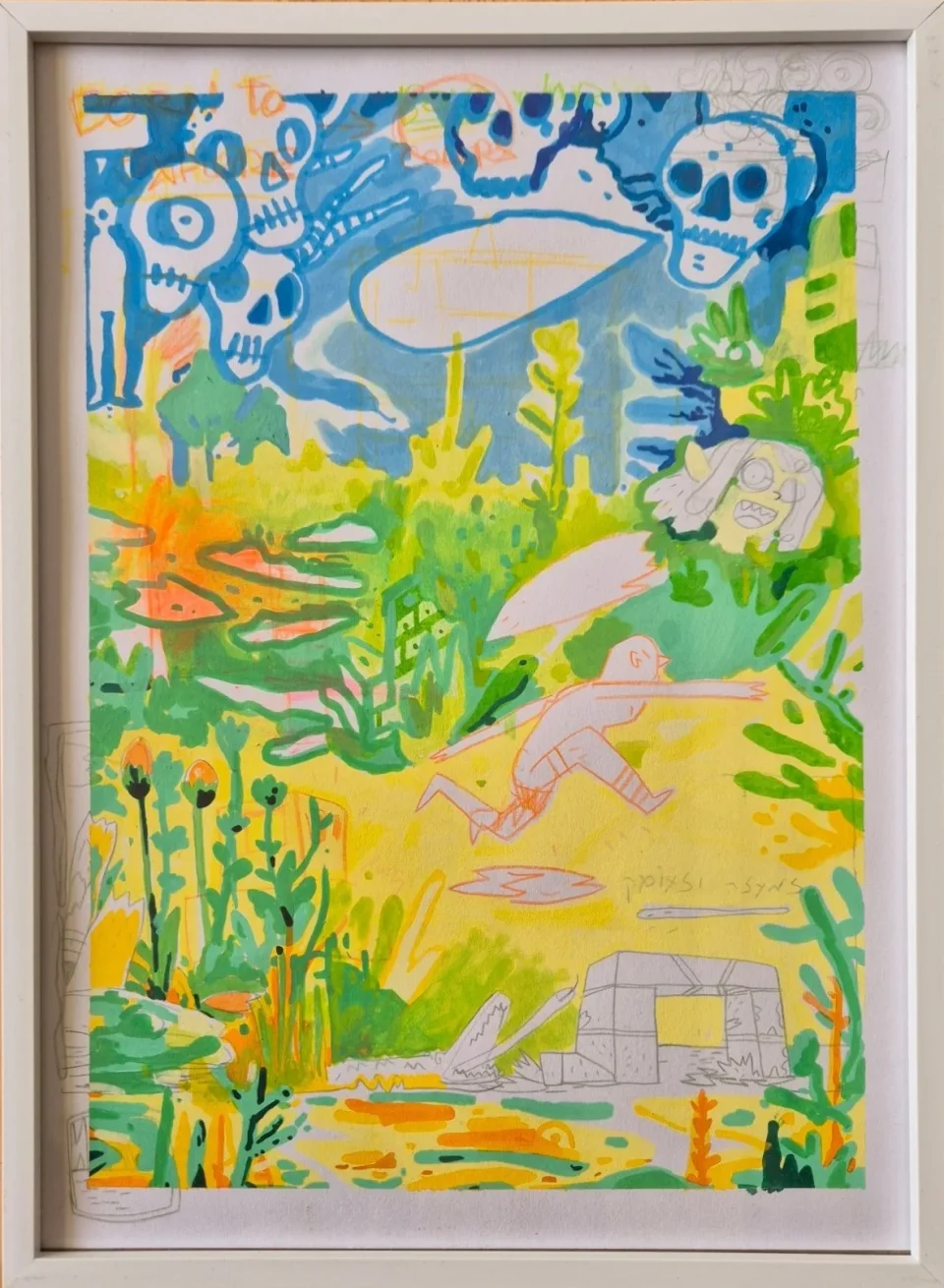 Painting of a pale figure running through a yellow-green landscape, with blue skulls above, a ruin, plants and a floating hea