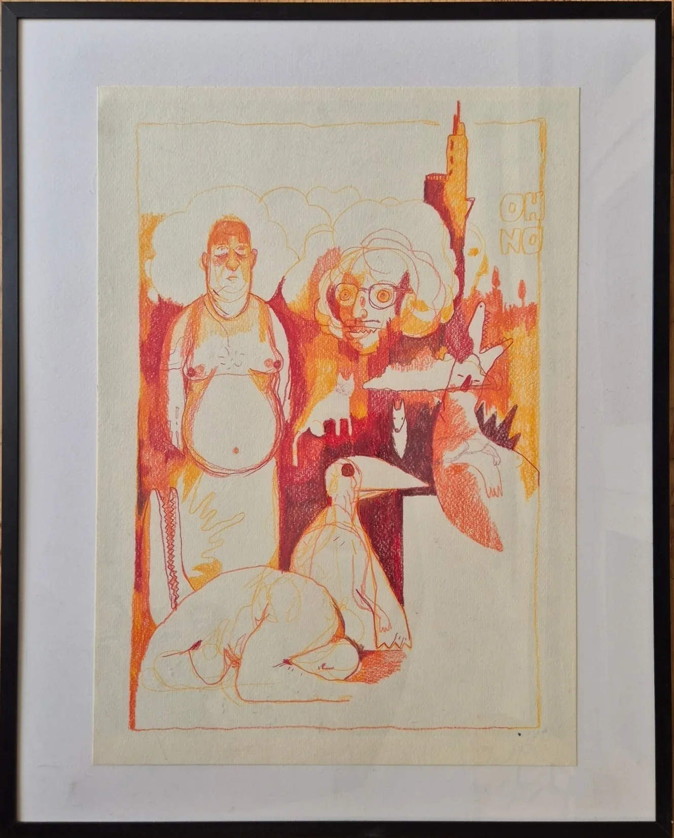 Orange and red colored-pencil drawing: a shirtless heavyset man, a glasses-wearing figure, a bird, a tower and the words OH N