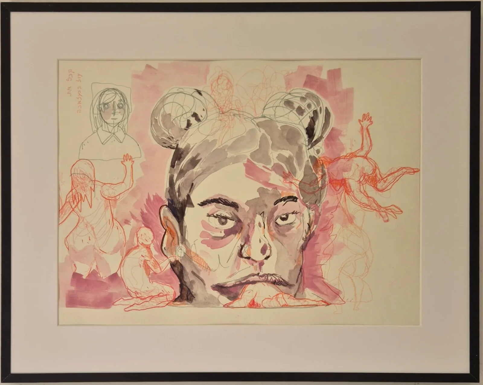 Framed drawing of a stern face with two hair buns, in gray wash, surrounded by pink patches and orange sketched figures.