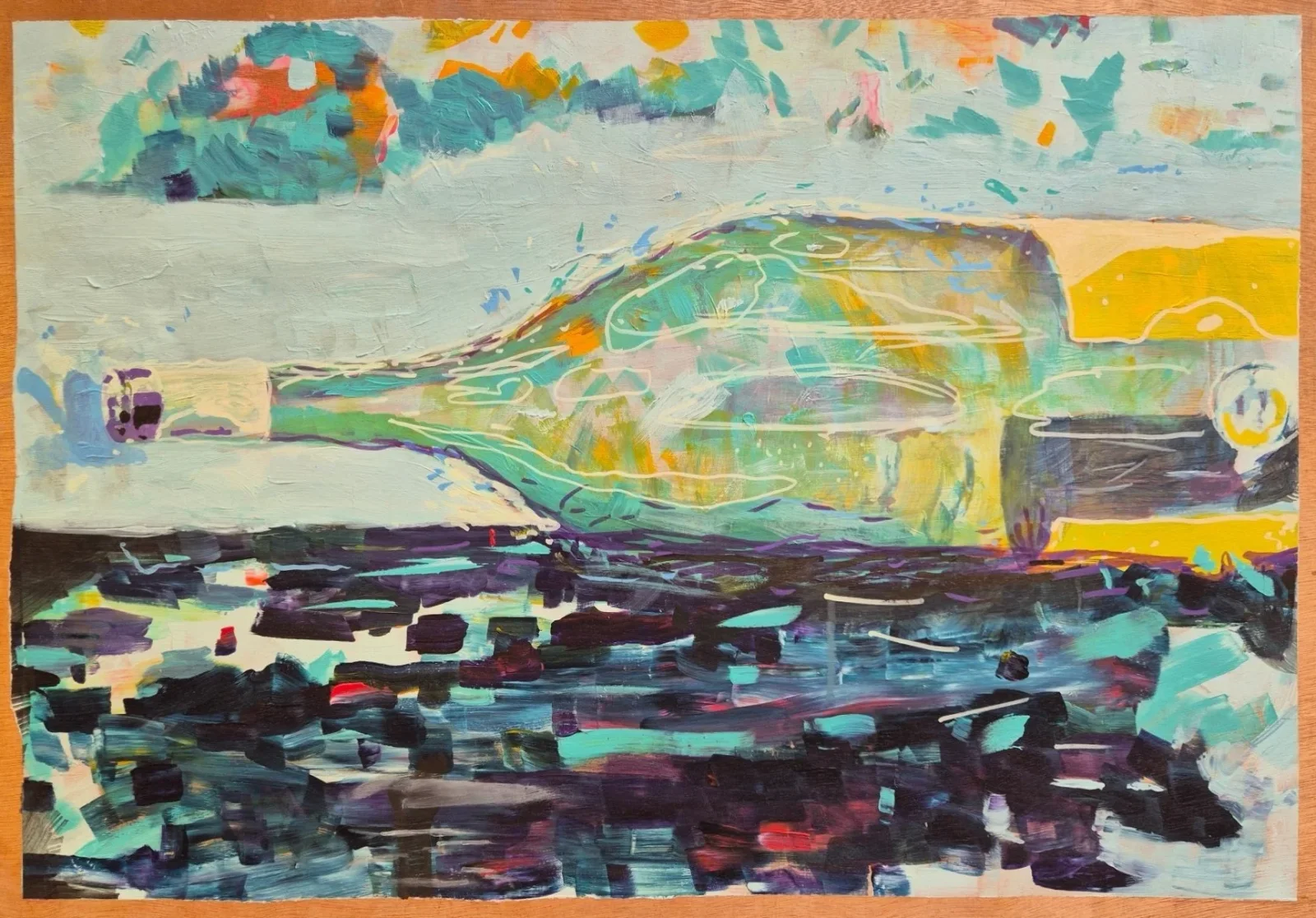 Abstract painting of a green glass bottle lying on its side, outlined in white, above dark purple and teal brushstrokes.