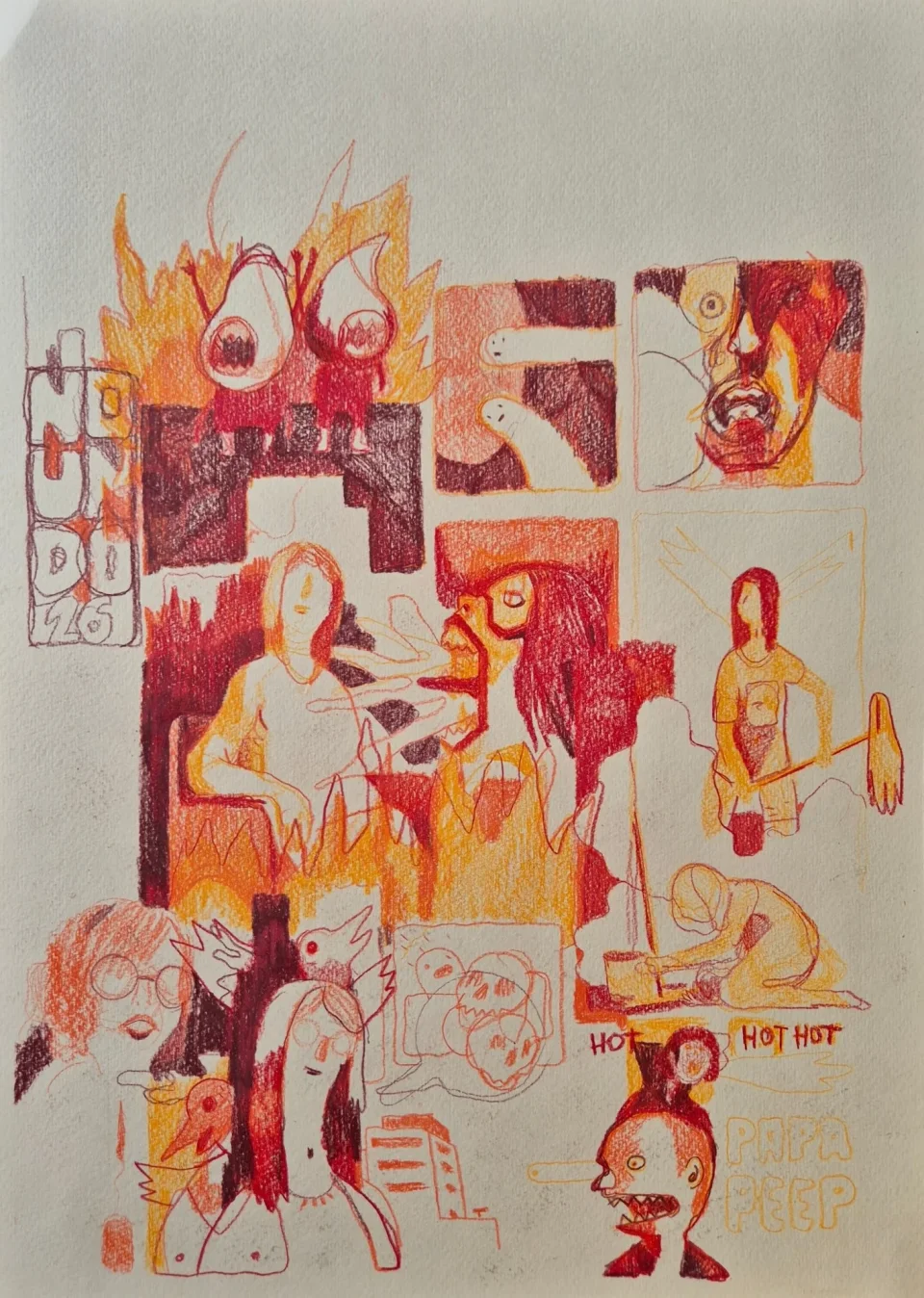 Colored pencil page of red, orange and yellow panels: flames, screaming faces, a seated figure, a crouching figure, text "HOT