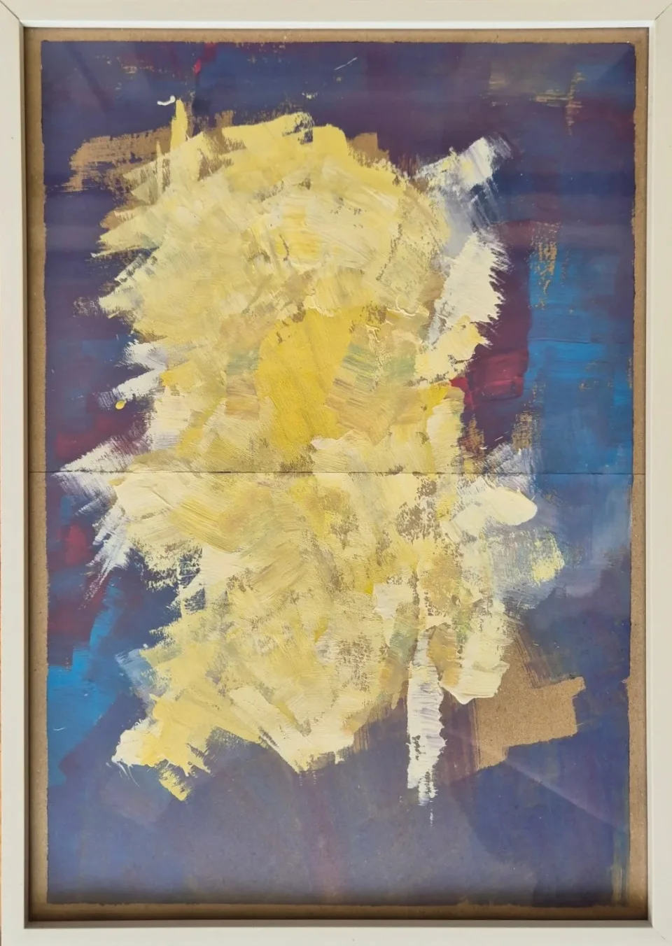 Abstract painting of a large, thickly brushed yellow and cream mass on deep blue, purple and maroon, in a white frame.