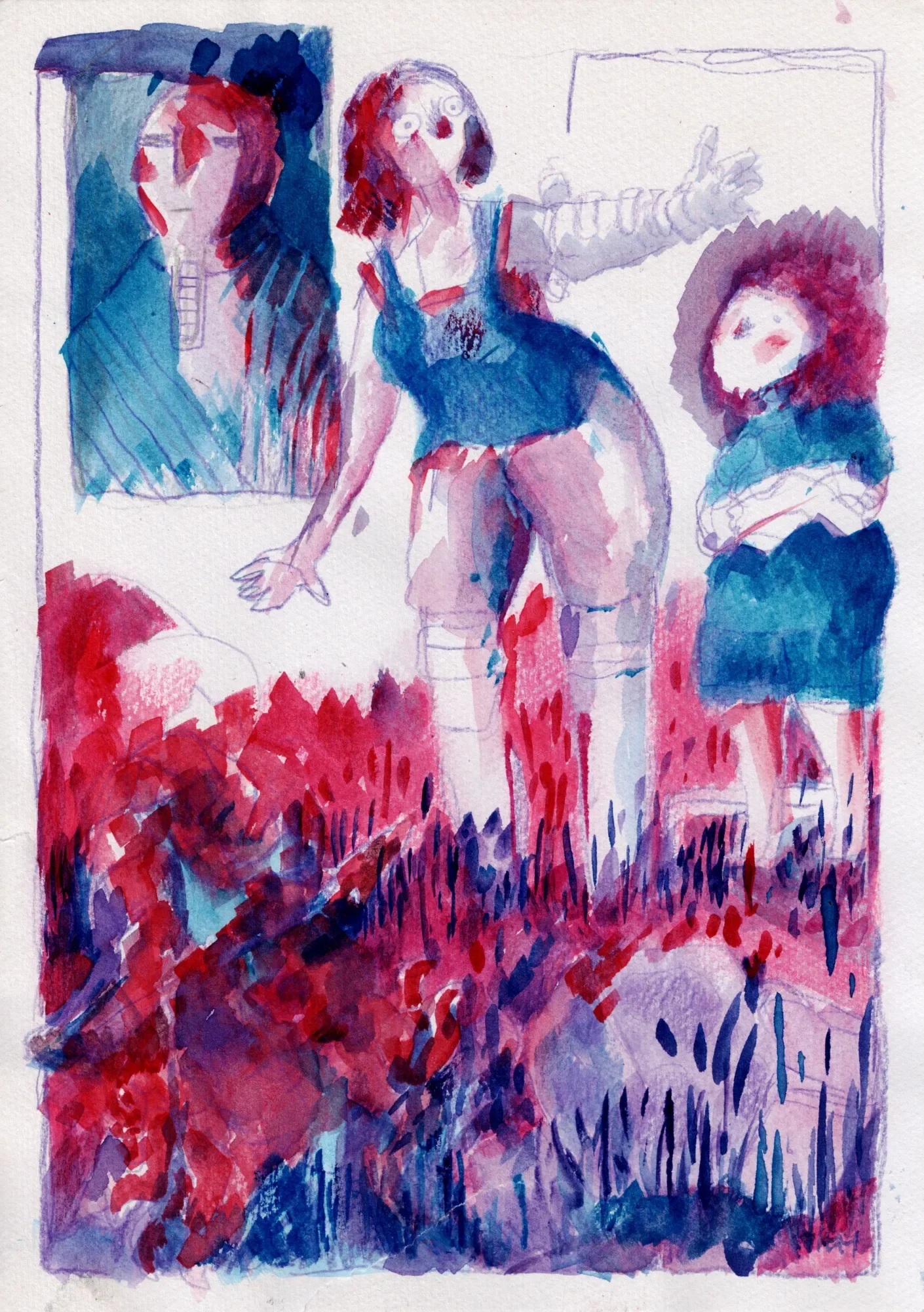 Watercolor of three figures above a field of red and blue brushstrokes: one leaning forward, arm outstretched, and a framed p