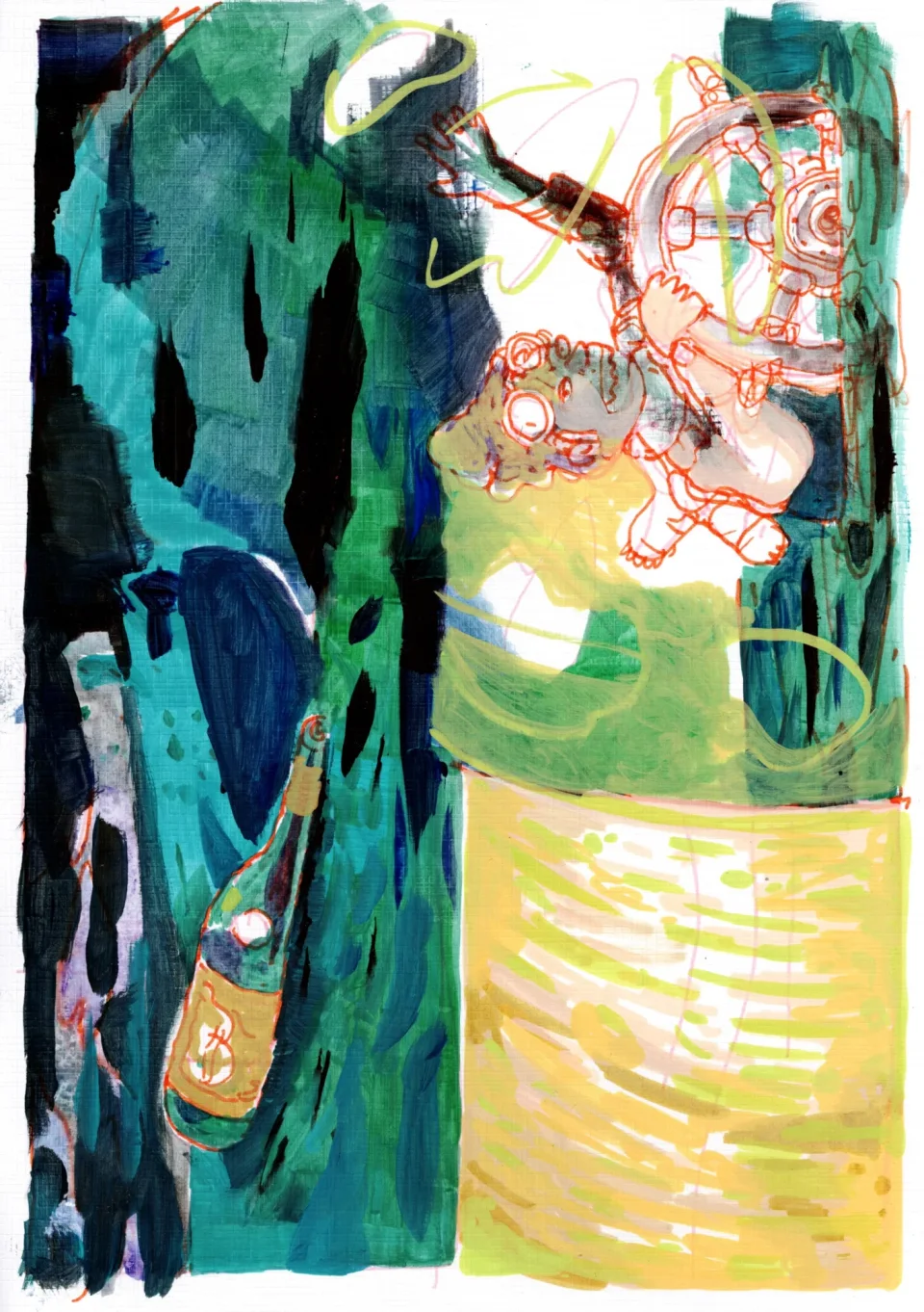 Abstract painting in teal, green and yellow with a small figure gripping a ship's wheel, and a tilted bottle at lower left.