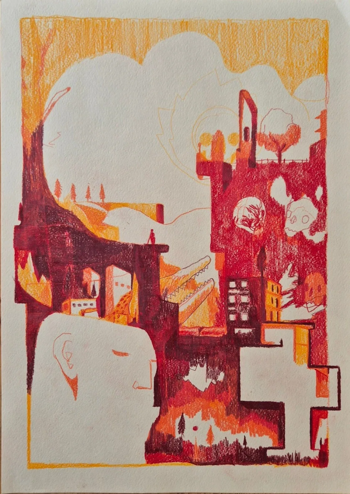 Red, orange and maroon pencil drawing of a layered cityscape with a crocodile, skulls, buildings, trees and a sleeping head.
