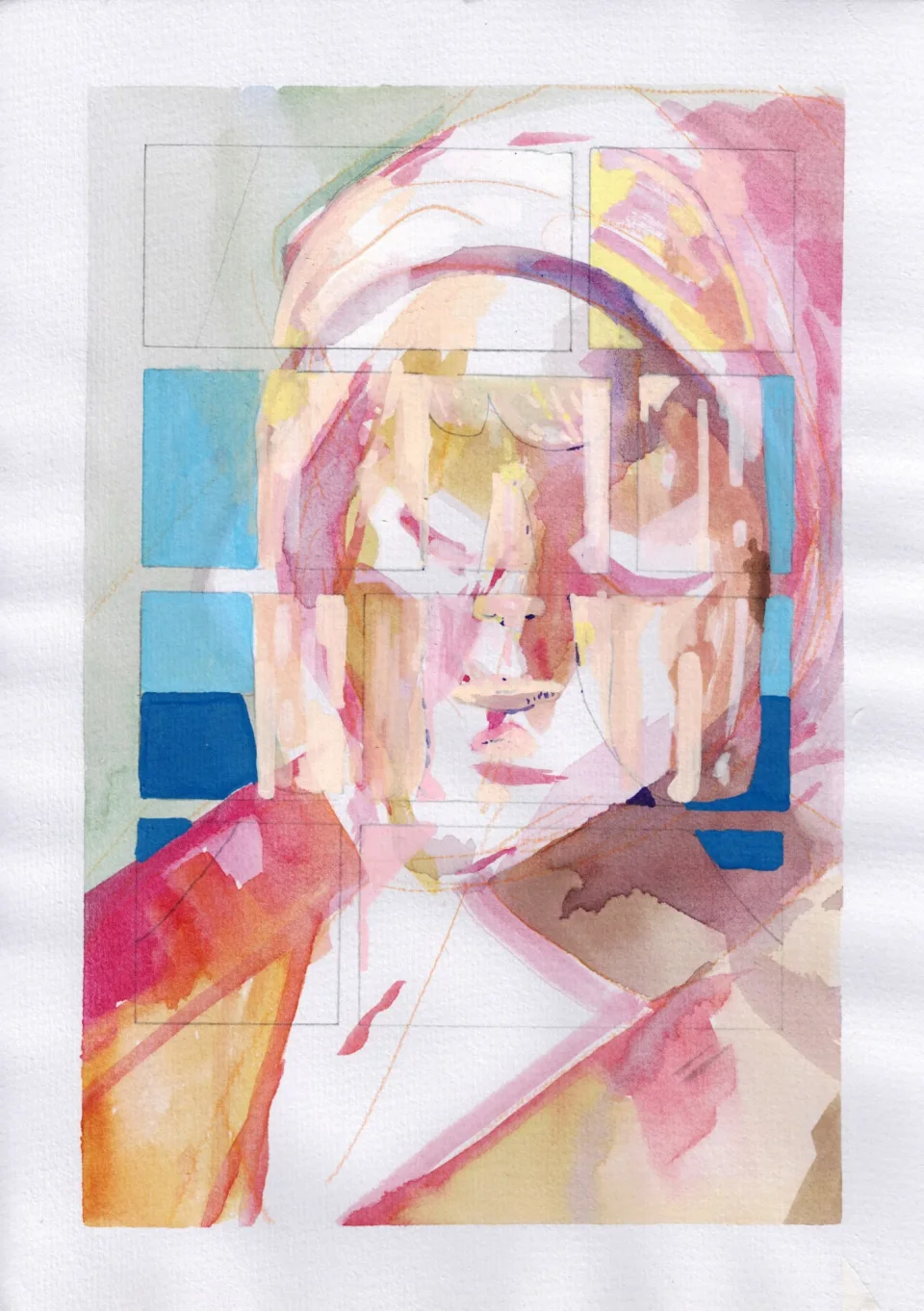 Watercolor portrait of a figure with closed eyes in pink and peach, drips running down the face, over blue, yellow and orange