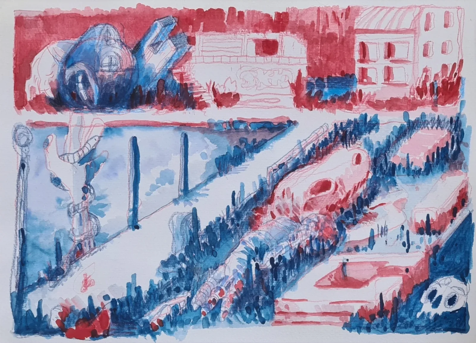 Red and blue watercolor landscape: a blue domed structure and buildings above, diagonal paths, dense dark brush strokes, a sk