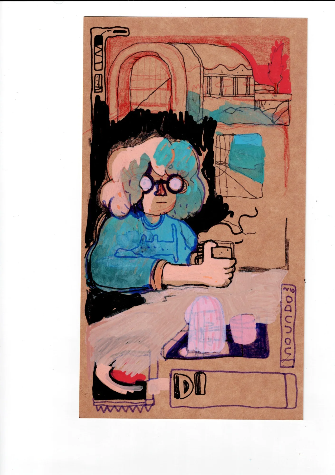 Figure with round glasses and teal-pink hair in a blue sweater holds a mug at a table; arched window and red tree behind.
