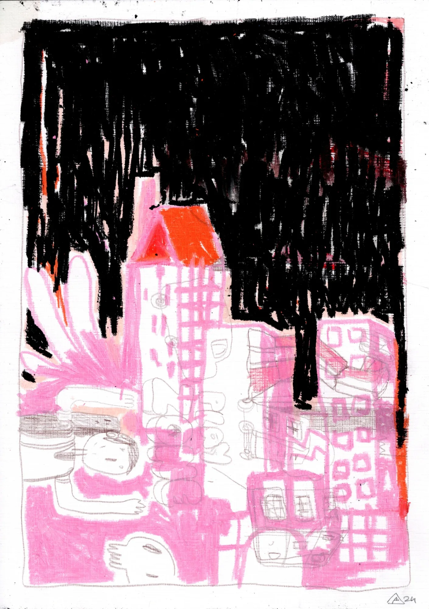 Pink-outlined city buildings and sketchy figures below a heavy black scribbled sky, with an orange roof at the center.
