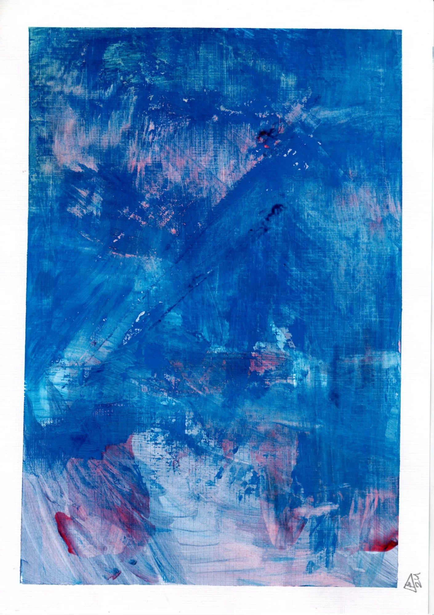 Abstract acrylic painting in layered blues with brushstrokes and pink and red patches, lighter pale blue and white at the bot