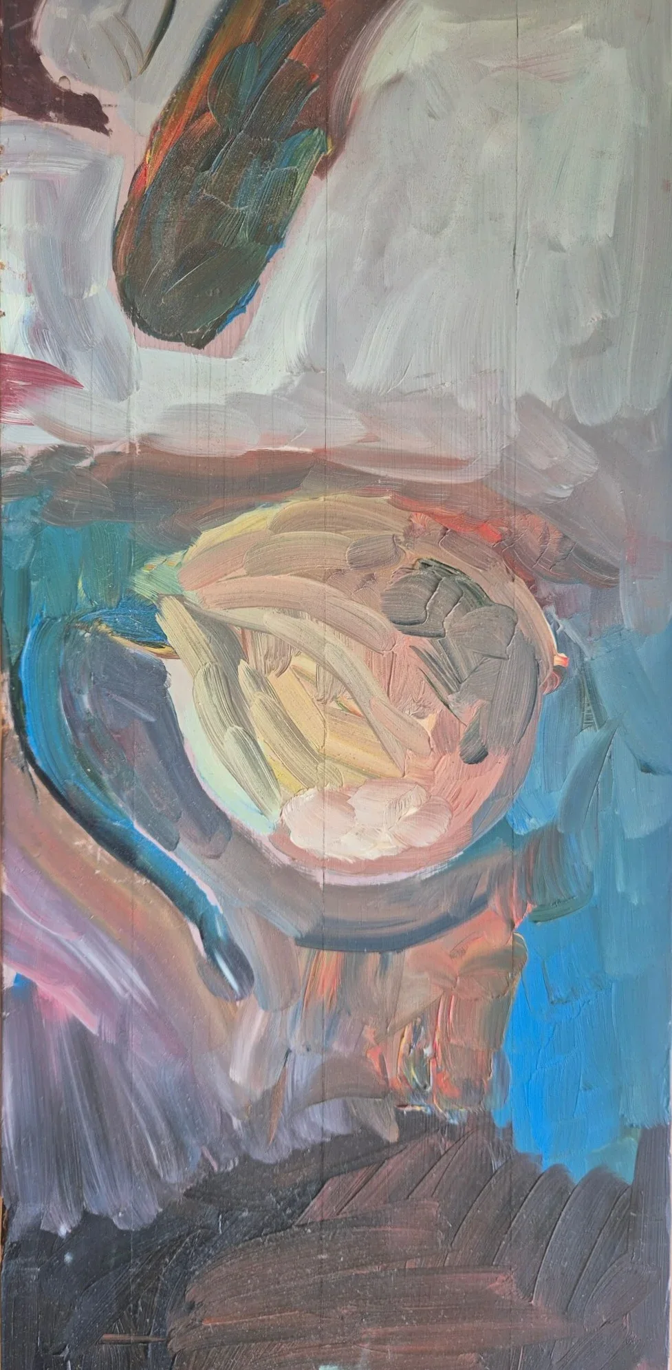 Abstract painting on a wooden board: a pale yellow and pink sphere among teal, blue, gray and brown brushstrokes.