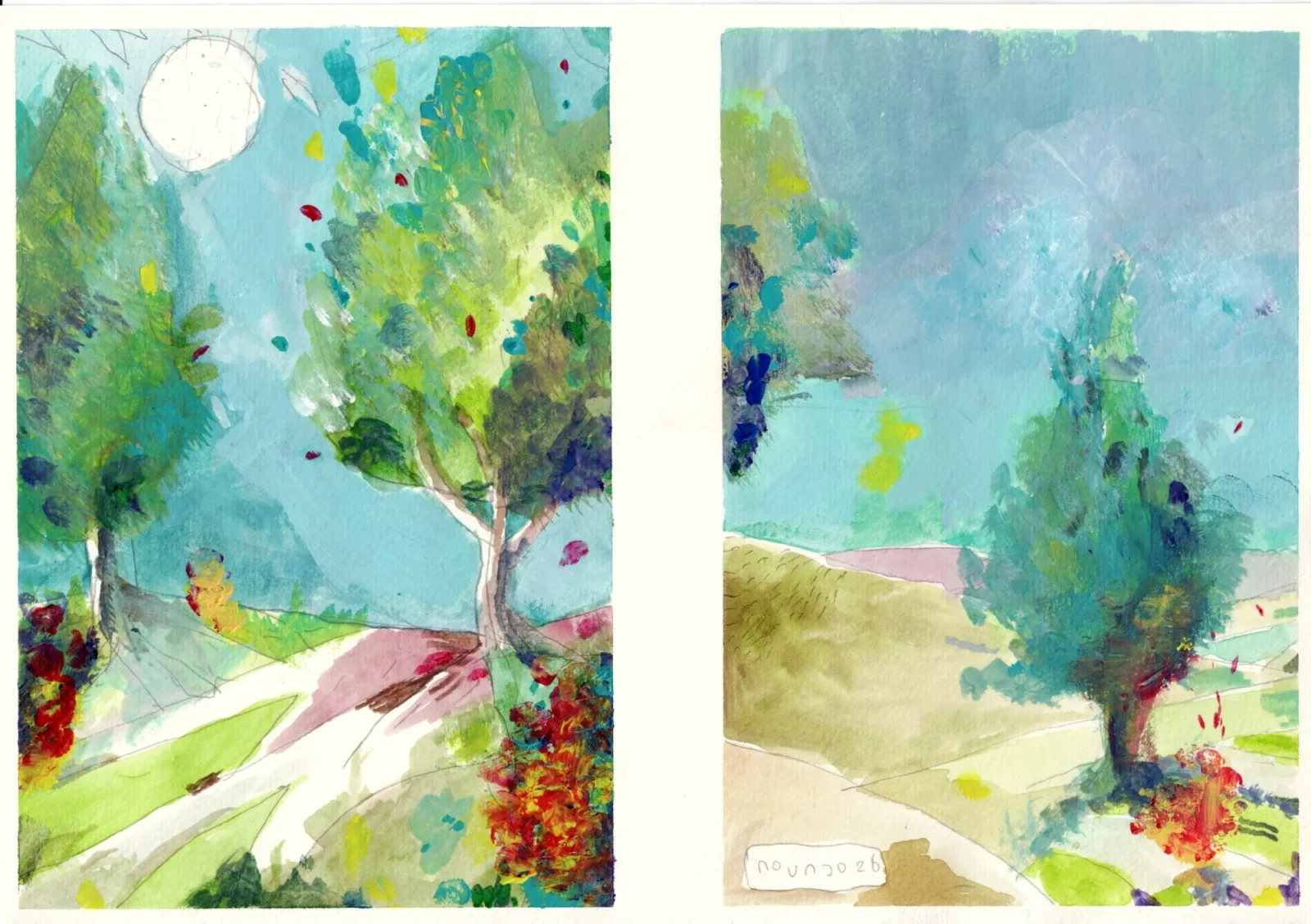 Two painted landscapes side by side: leafy green trees, a pale sun, winding pink and cream paths, and red-orange bushes under