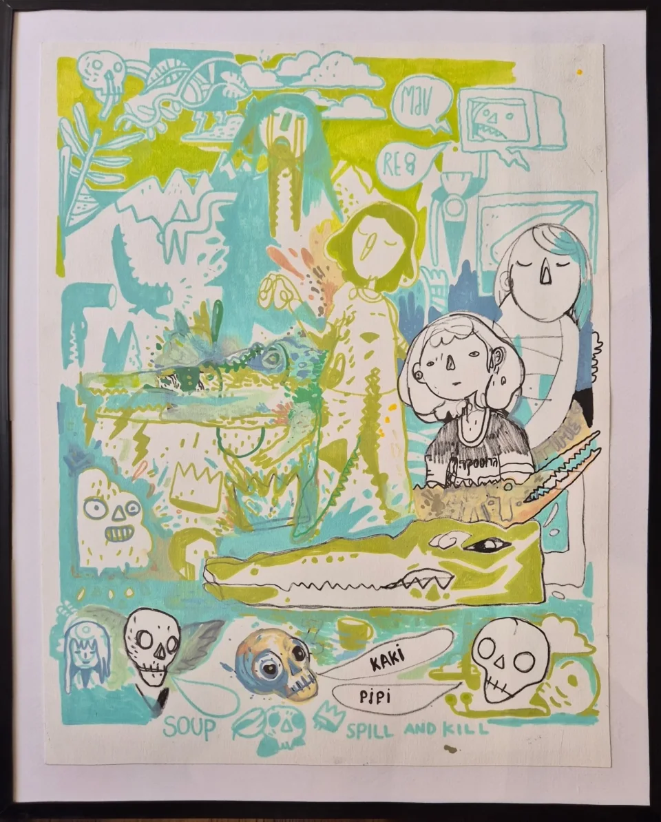 Mixed media drawing in teal and lime: a figure with closed eyes, two outlined girls, crocodiles, skulls, and the words KAKI,