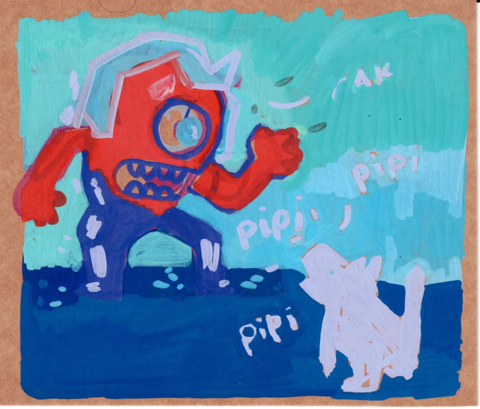 A red one-eyed monster with sharp teeth and blue legs raises a fist at a small white cat, with 'pipi' and 'kak' written aroun