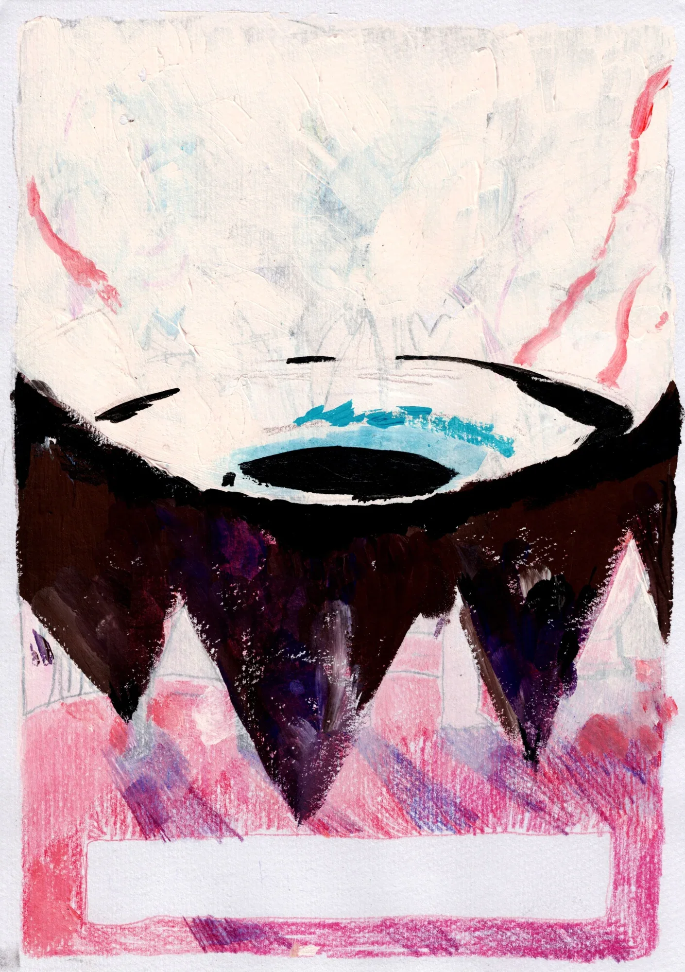 Abstract painting: a dark brown-black bowl with jagged spikes hangs over a pink crayon ground, holding a blue eye-like pool.