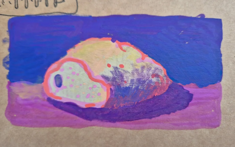 Painted bread loaf, cream and yellow with a sliced pale face dotted pink, coral outlines, purple brush texture, on blue and m